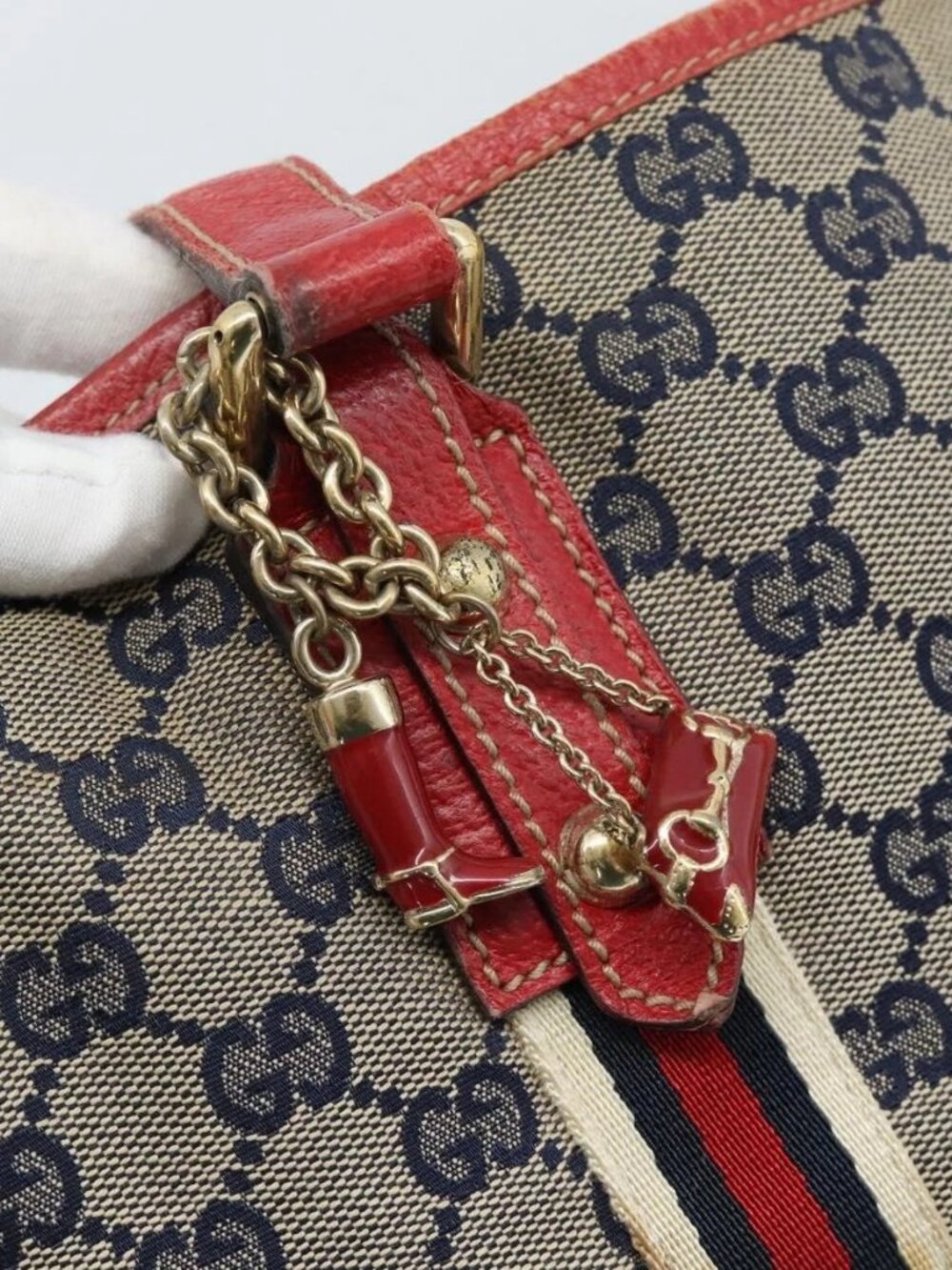 GUCCI GG Canvas Sherry Line Tote Bag Navy Gold 137396 Auth 183069 - Picture 4 of 16